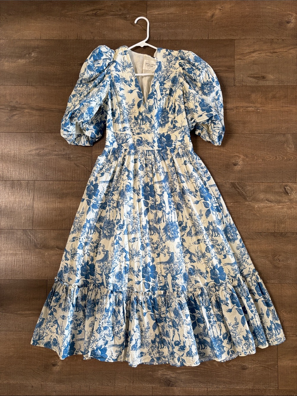 Cream & Blue Floral Puff-Sleeve Dress - Size S